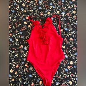 Zara Red Floral-Appliqué One-Piece Swimsuit